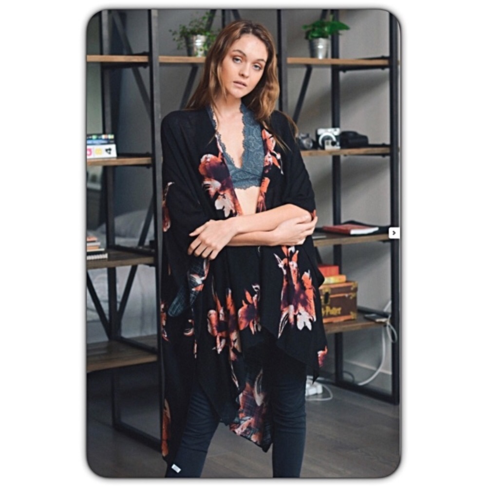 Boho Lightweight Black Floral Kimono Wrap Coverup - Picture 7 of 7